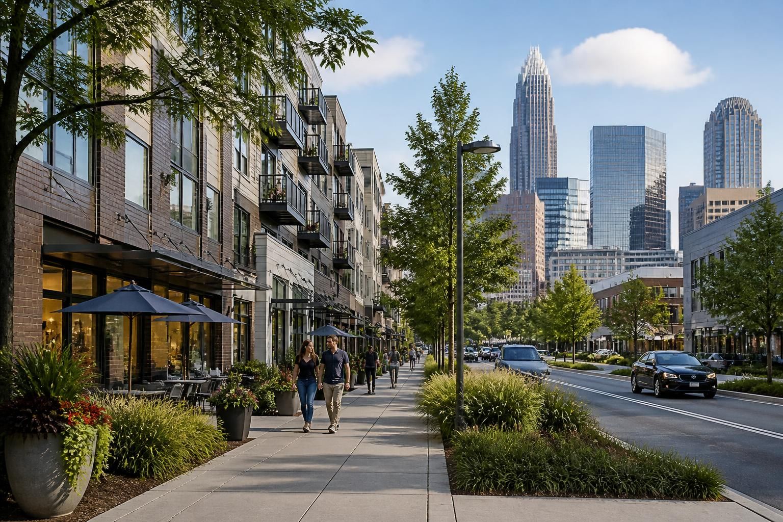 Charlotte streetscape with modern buildings and city greenery