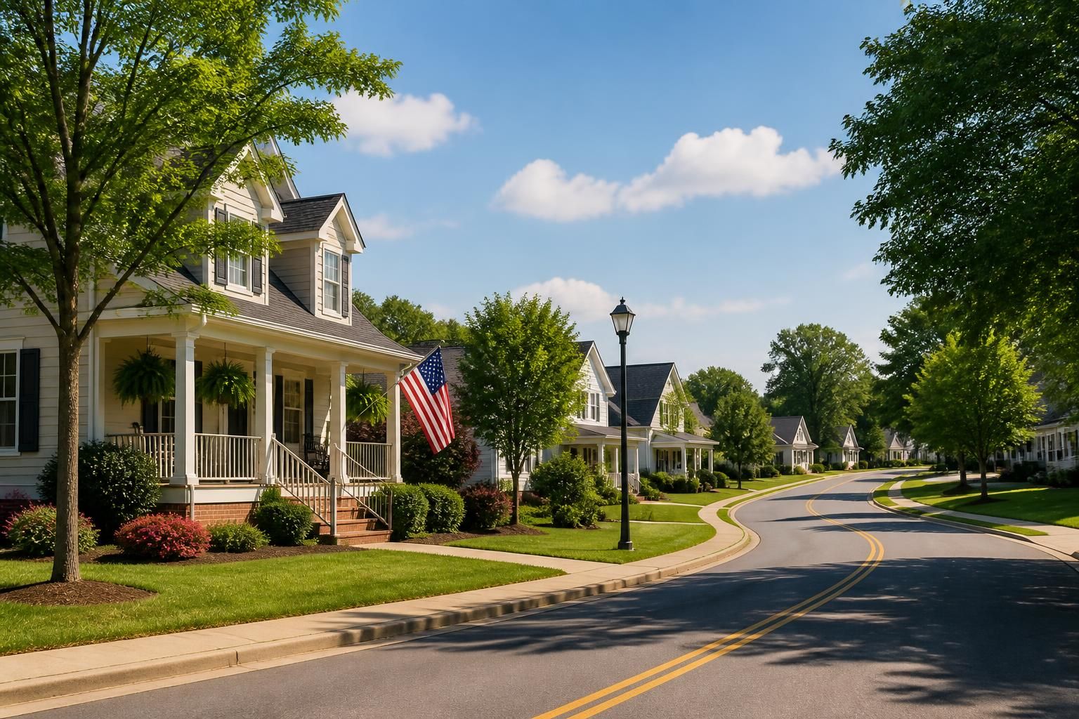 Clover residential streetscape with well-kept houses and open lawns