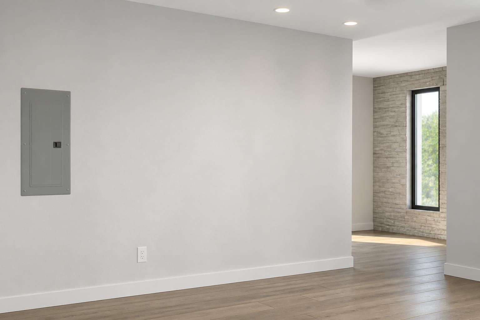 Clean finished electrical space with modern lighting and open negative space