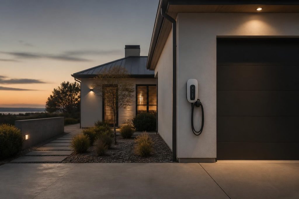 Modern home exterior with an EV charger beside a clean driveway