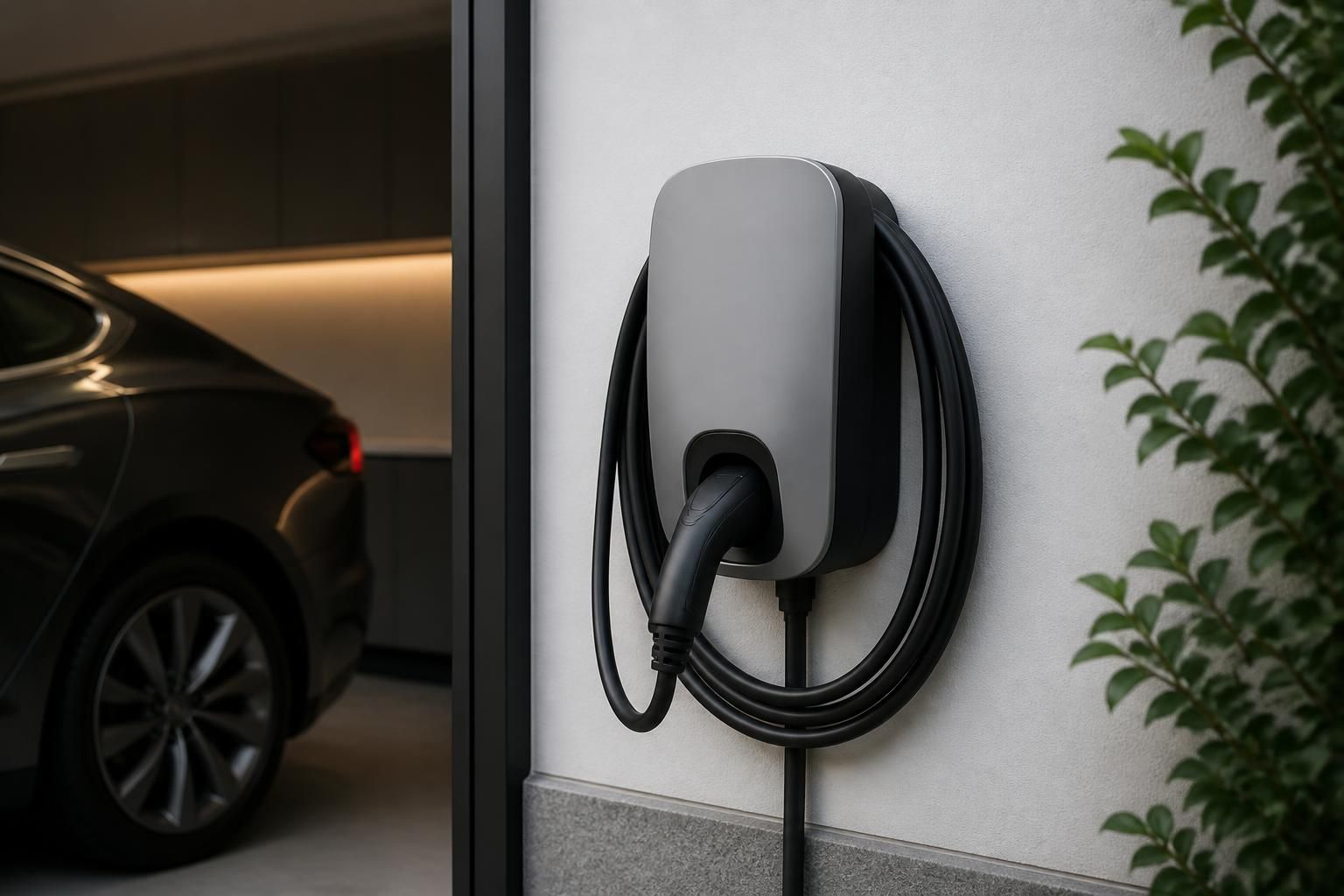 Finished EV charger installed in a clean garage