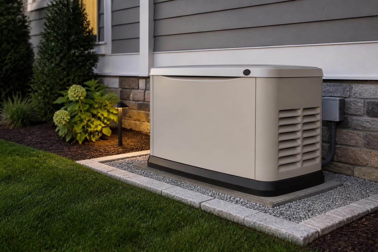 Installed home backup generator beside a clean exterior wall