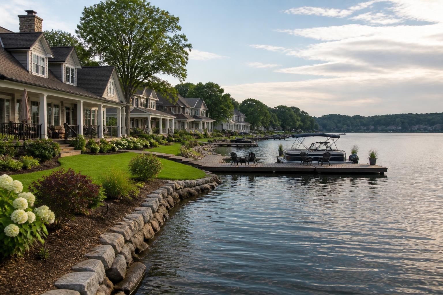 Waterfront Lake Wylie neighborhood with tidy homes and calm lake views
