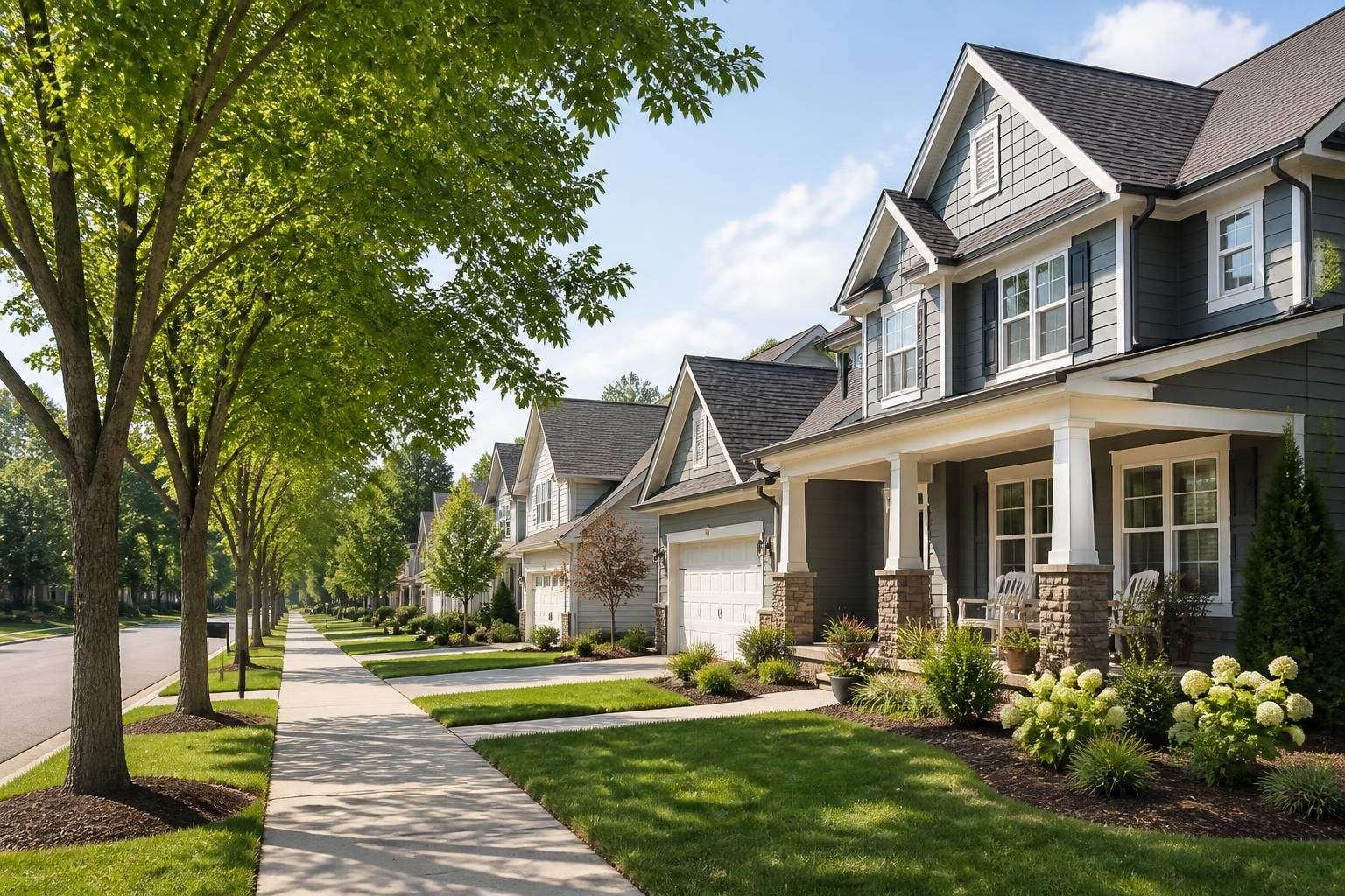 Pineville suburban neighborhood with modern homes and mature trees