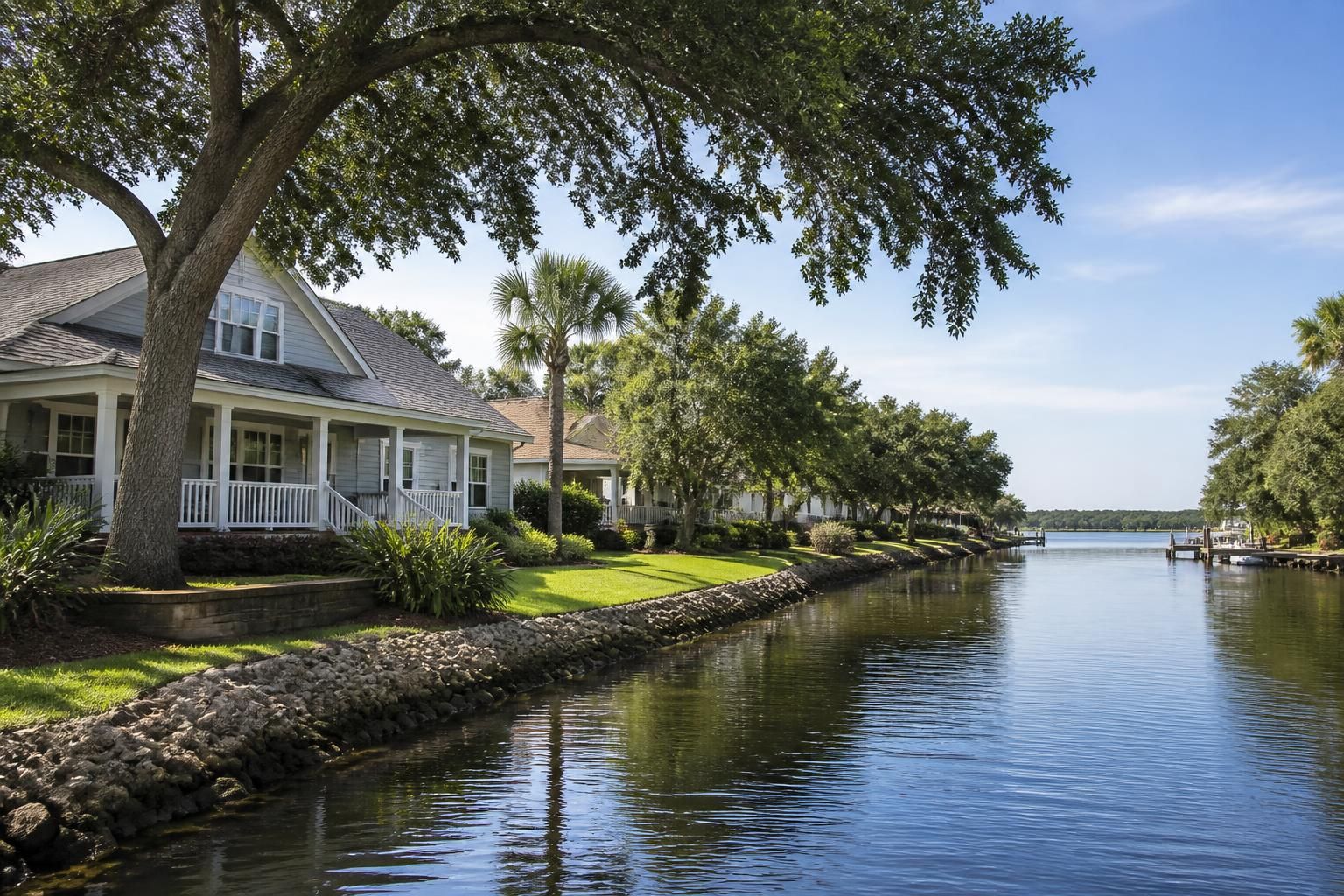 Riverview neighborhood with clean homes and calm tree cover