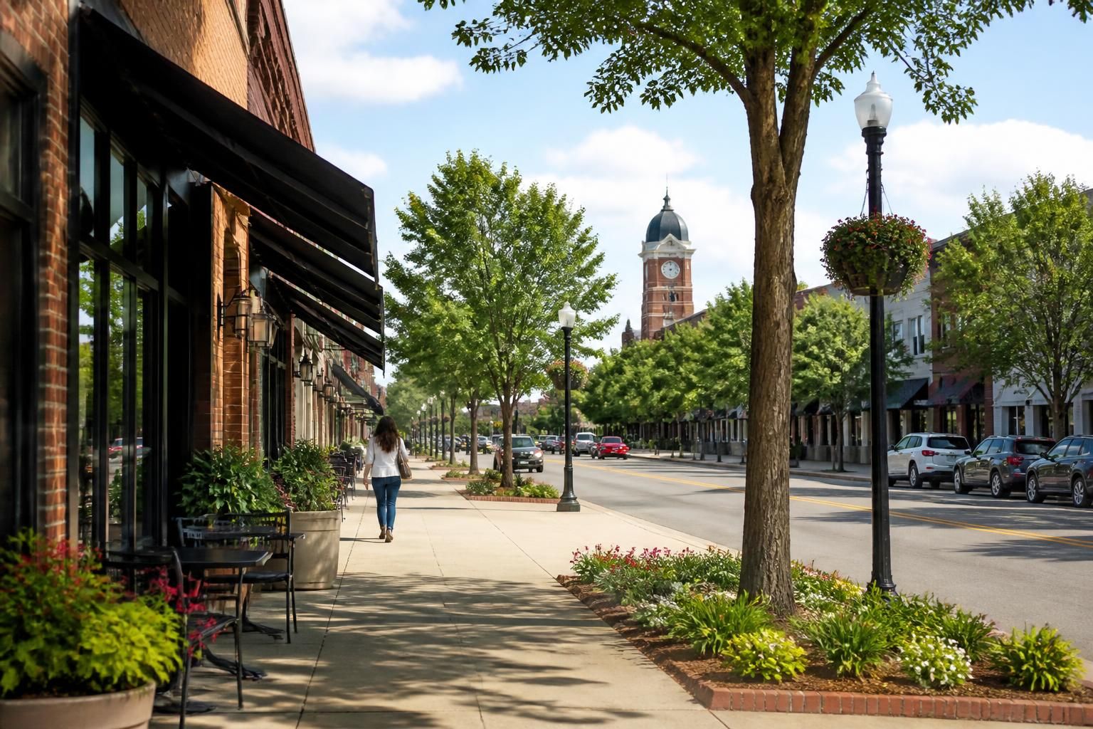 Rock Hill streetscape with tidy homes and tree-lined roads
