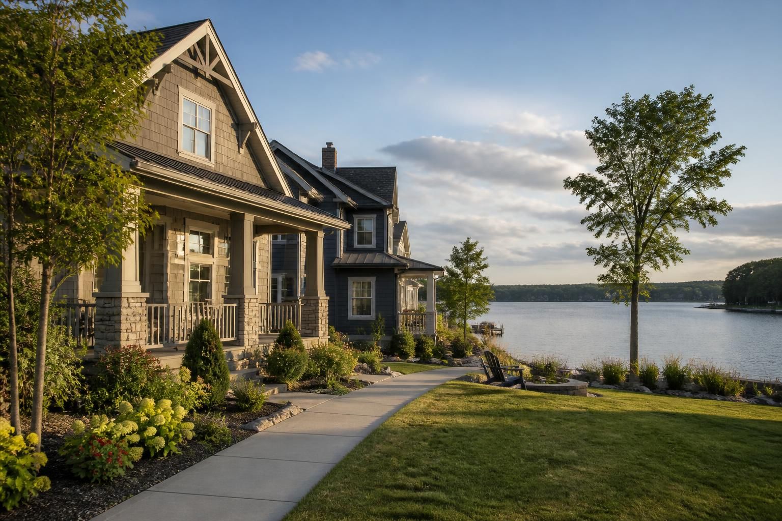 Lakeside Tega Cay neighborhood with clean homes and calm water views